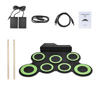 Compact Size Portable Digital Electronic Roll Up Drum Set Kit 7 Silicon Drum Pads USB Powered with Drumsticks Foot Pedals 3.5mm Audio Cable for Practice Beginners (Green)