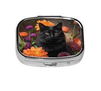 Compact Square Pill Box Black Cat and Flower Portable Medication Pill Organizer Dispenser with Compartments | Travel Small Pill Box for Purse & Pocket