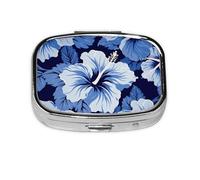 Compact Square Pill Box Blue Hibiscus Portable Medication Pill Organizer Dispenser with Compartments | Travel Small Pill Box for Purse & Pocket