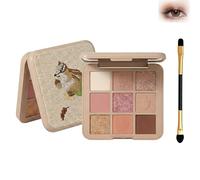 Compact Travel Eyeshadow Palette with 9 Matte Shimmer Glitter Finishes for Versatile Natural Autumn Makeup - Warm Earthy Neutral Tones in Seasonal Motifs with Dual Ended Applicator Brush Suitable All