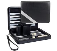 Compact Travel Magnetic Backgammon with Carrying Strap - Black with Grey Stripe
