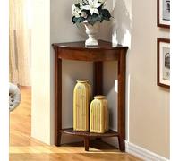 Compact Triangle Corner Table, Solid Wood Side Table with 2 Shelves, Vintage Style Storage for Living Room or Office