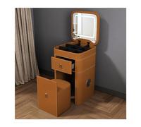 Compact Vanity Table with Adjustable LED Mirror Upholstered Stool Faux Leather FinishPerfect for Small Spaces Makeup Station with Stylish Design
