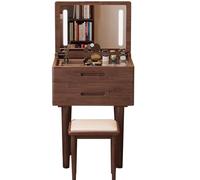 Compact Vanity Table With Hidden Lighted Mirror Flip-Top Makeup Desk With Storage Drawers And Padded Stool Space-Saving Dressing Table For Small Bedroom Walnut Color Dressing Tables(60x40x78cm)