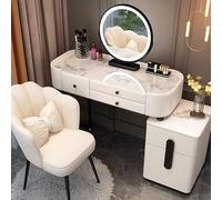 Compact Vanity Table with Stool Mirror & Lighting - White & Black IV Wood + Slate Dressing Area for Bedroom (100 x 40 x 78 cm)