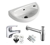 Compact Wall Hung Bathroom Cloakroom Basin Sink with Adjustable Bottle Trap, Tap and Waste