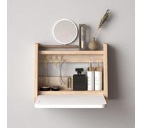 Compact Wall-Mounted Makeup Table with Mirror, Space-Saving Dressing Station and Wooden Shelf, Perfect for Bedroom and Bathroom Decor