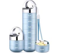 Compact Weekly Pill Organizer for Travel, Portable Waterproof Aluminum Case with 7 Daily Compartments for at Home or on Trips (Blue)