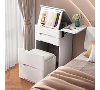 Compact White Corner Vanity Table with LED Light Slim Makeup Desk with Mirror 3-in-1 Makeup Station Hidden Stool & 4 Drawers for Small Spaces