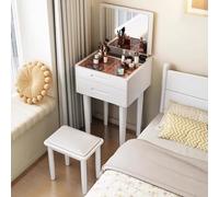 Compact Wooden Makeup Vanity Table with Foldable Mirror Glass Top & Drawers Perfect for Small Spaces Bedroom or Living Room (White 60cm/24in)