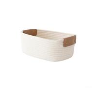 Compact woven storage basket for desktop or bedroom use, crafted with cotton rope and leather handles, for storing toys and miscellaneous small items (White S)