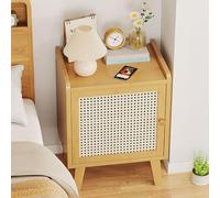 Compact Yellow Bamboo Nightstand with Rattan Door - Minimalist Bedside Cabinet & Boho Side Table for Living Room Bedroom Small Spaces (12x10x15inch)