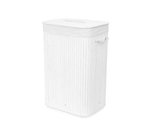 Compactor Bamboo White Laundry Basket with Lid, Foldable Washing Hamper for Storing Clothes and Linen in Bedrooms and Bathrooms, Removable Liner and Rope Handles