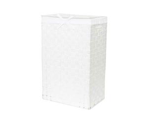 Compactor Rectangle Laundry Basket with Lid, Woven Washing Hamper for Storing Clothes and Linen in Bedrooms and Bathrooms, Removable Liner and Carry Handles, White, Stan Range
