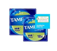 Compak Super Tampons with Compact Plastic Applicator - Pack of 2 (18 Tampons Each) | Rounded Tip, Double Protective Skirt & Absorption Channels | Medium to Heavy Flow | Gynaecologically Tested