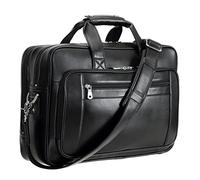 compalo Men's Solid Thick Full Grain Leather 17.3" Laptop Briefcase Classic Messenger Bag Fit Business Travel, Black, L, Retro
