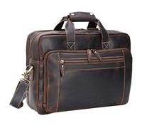 Compalo Men's Solid Thick Full Grain Leather 17.3" Laptop Briefcase Classic Messenger Bag Fit Business Travel, Dark Brown, L