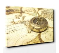 Compass and Map Canvas Print | Gallery Wrapped 30mm Frame Wall Art | 30x20 inches | Ready to Hang | Retro Maps Picture | Living Room Bedroom Lounge Office
