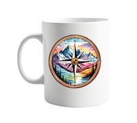 Compass and Mountain Design Ceramic 11oz Mug - Ideal for Campervan Lovers, Outdoor Enthusiasts, Nature Explorers, and Travel-Inspired Adventures