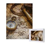 Compass and Old Nautical Charts Printed Jigsaw Puzzle with Storage Box, Wooden Puzzle for Adults and Kids, 500 Pieces Family Fun Decorative Game, 38x52 CM