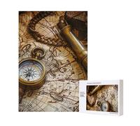 Compass and Old Nautical Charts Printed Jigsaw Puzzle with Storage Box, Wooden Puzzle for Adults and Kids, 300 Pieces Family Fun Decorative Game, 28x40 CM