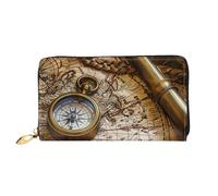 Compass And Old Nautical Charts Printed Leather Wallet for Men Women, Long Clutch Handbag with 12 Card Holder and 3 Money Clip