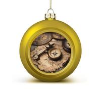 Compass and Old World Map Christmas Ball Ornaments - Golden Shatterproof Plastic Vintage Rustic Xmas Tree Decorations Pendant for Family Holiday Wedding Party Xmas Hanging Decoration
