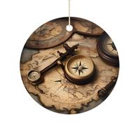Compass and Old World Map Double-Sided Ceramic Christmas Ornaments - Round Hanging Mini Xmas Tree Decorations, Ideas for Farmers, Rustic Home Decor for Indoor Outdoor Tree Decor