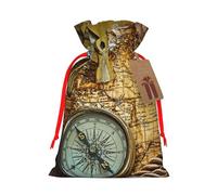 Compass and Old World Map Gift Bag with Handles and tag, Holiday Decoration, for Christmas, Birthday, Wedding - (M)