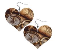 Compass and Old World Map Leather Earrings for Women Heart Earrings Lightweight Dangle Drop Earrings Cute Jewelry Gift, One Size, No Gemstone