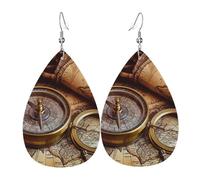 Compass and Old World Map Leather Earrings for Women Teardrop Earrings Lightweight Dangle Drop Earrings Cute Jewelry Gift