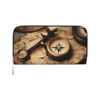 Compass And Old World Map Leather Wallet For Women Girl, Zip Around Credit Card Holder Long Pu Wallet Clutch Purse Waterproof Travel Handbag