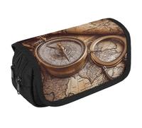 Compass And Old World Map Pencil Case Organizer Large Capacity Cute Pen Pouch with 3 Compartment Office Stationery Large Pencil Bags with Zipper Fabric Pen Bag for Adults Portable Makeup Bag (Black)