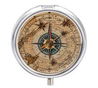 Compass And Old World Map Pill Box Case 3 Compartment Travel Medicine Pill Organizer 3x A Day Portable Vitamin Organizer with Mirror Small Pillbox for Purse & Pocket Cute Daily Medicine Container Meta