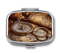 Compass and Old World Map Pill Case Portable Medicine Organizer Compact Travel Pill Box Small Metal Medicine Box for Purse Pocket Pill Container Holder 2 Compartments Medication Holder