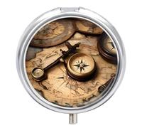 Compass and Old World Map pilldispenser with Mirror 3 Compartments Waterproof Pillcase for Purse Pocket Non-Slip Grip Travel Medicine Organizer Container Box for Vitamin Fish Oil Supplement