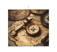 Compass and Old World Map Print Absorbent Dish Drying Mat for Versatile Reusable Daily Use Kitchen Counter Pad