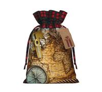 Compass and Old World Map Print Reusable Gift Bags with Drawstring â€“ Xmas Holiday Party Favors Pouches for Christmas, Birthdays