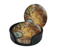Compass And Old World Map Print Round Leather Coasters - Set Of 6, Ultra-Fiber Pu Leather