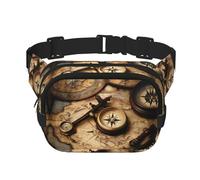 Compass and Old World Map Print Square Double Layer bag Waist Bag Trendy Pack Travel Bag with Adjustable Bel, Black, One Size
