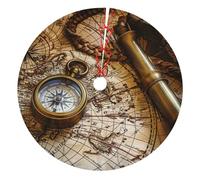 Compass and Old World Map Printed 48 inch Thickened Christmas Tree Skirt - Double-Layer Soft Tree Skirts Base Tree Mat Base Cover for Xmas Party and New Year Party Decor