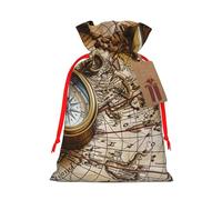 Compass And Old World Map Printed Christmas Drawstring Gift Bags-Xmas Wrapping Bags,Candy Bag,For Holiday Party Decorations,Wedding Party Supplies S Red Ribbon