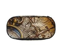 Compass and Old World Map Printed Oxford Fabric Pencil Case with Spacious Design for School, Office, Travel - Multi-Use Stationery & Makeup Pouch