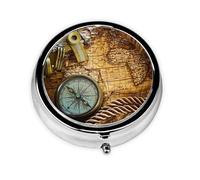 Compass and Old World Map Printed Round Travel Pill Box Cute Small Metal Pocket Pill Case for Men & Women 3 Compartment Portable Pill Organizer for Purse or Pocket