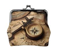 Compass And Old World Map Small Coin Purse For Women Girls Pu Leather Change Purse Wallets Key Bags Kiss-Lock Mini Coin Pouch For Women Girls