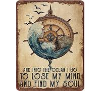 Compass Into The Ocean Vintage Tin Sign The Great Wave off Wall Art Vintage Compass Print Plaque Decor Travel Decor For Home Office Coffee Bar Club Metal Sign Home Decoration 5.5x8 Inch