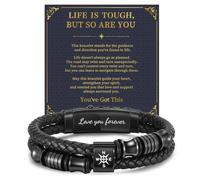 Compass Leather Bracelet Gifts for Men, Adjustable Double Row Braided Mens Bracelet with Inspirational Card, Meaningful Christian Encouragement Travel Retirement Gifts for Husband Son Boyfriend Dad
