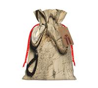 (Compass Map) Large Reusable Burlap Pouches Rustic Wedding Favor Xmas Bags Drawstring Gift Sacks Bulk Party. M Size