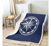 Compass Print Blanket 40"x50" for Bed Sofa Couch Nautical Themed Throw Blanket Ocean Fleece Blanket Dark Blue Sherpa Blanket for Boys Girls Kids Adults