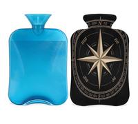 Compass Rose Hot Water Bottle with Cover, Artwork Black 2L Hot Water Bag for Pain Relief, Neck Soft and Shoulder, Hand Feet Warmer, Hot and Cold Compress for Adult Kids